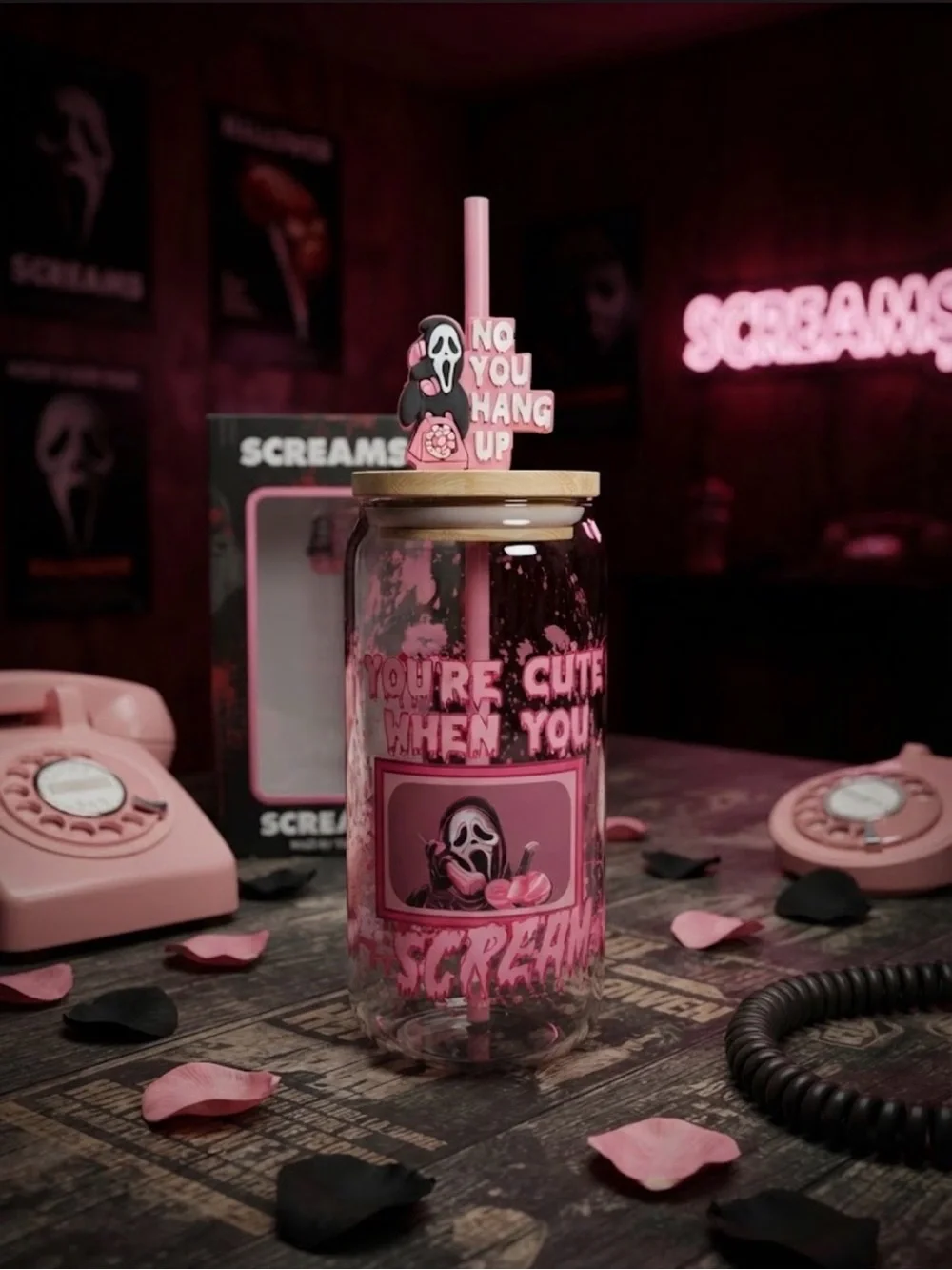 Custom made 20oz Pink 'You're Cute When You Scream' Drink Jar with Straw